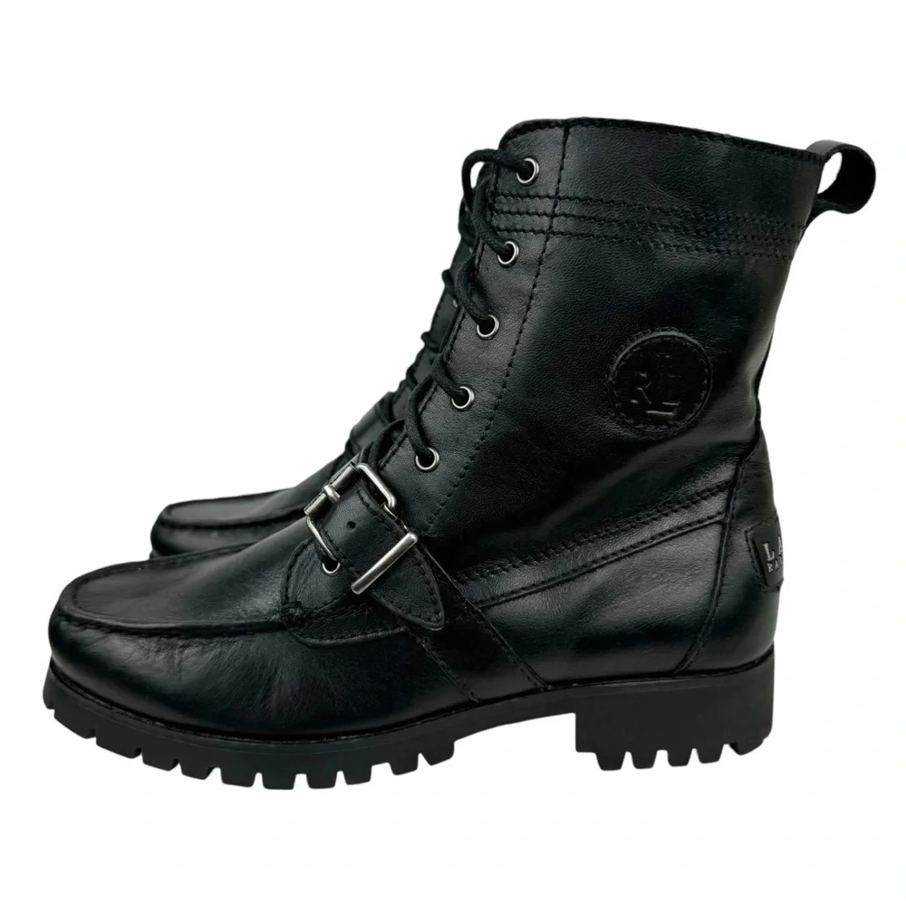 Lauren Ralph Lauren Zera Leather Lace Up Ankle Boots Black Buckle Womens Size 7B